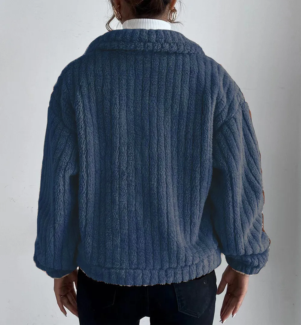 Solid Front Pockets Lapel Plush Coat