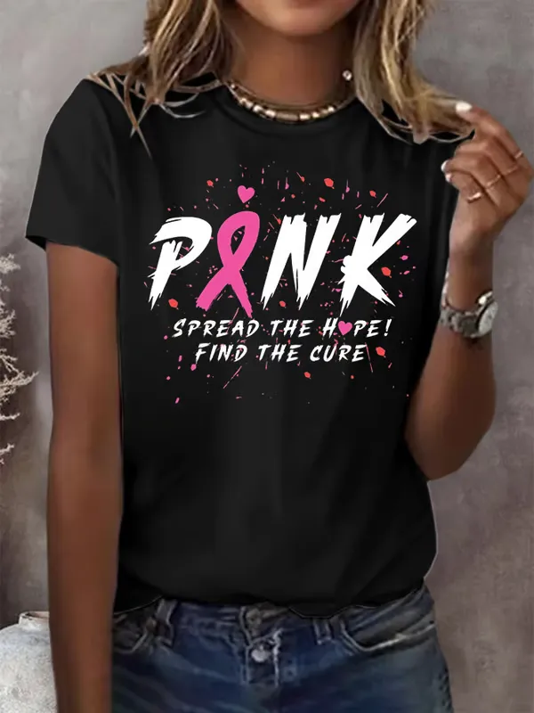 Women'S T-Shirt Pure Cotton Crew-Neck Print Short-Sleeved Women'S Breast Cancer Print Casual Crew-Neck T-Shirt