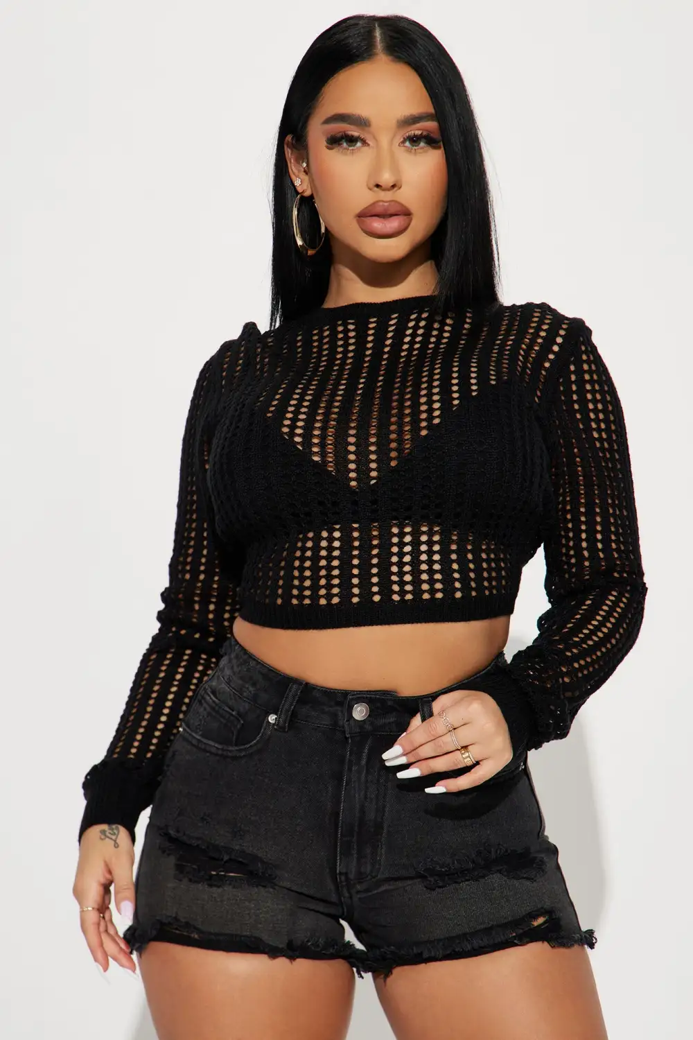 Heading Out Crochet Open Back Sweater - Black
