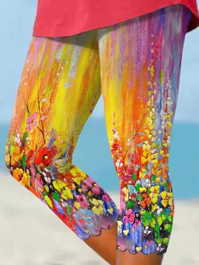Floral Oil Painting Wavy Edge Print Leggings