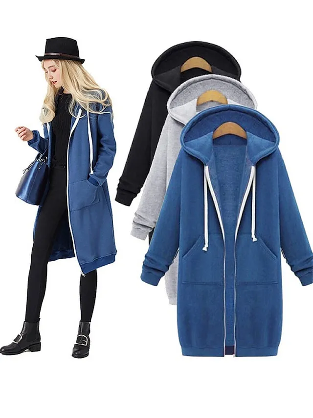 Women's Coat Fall Hoodie Jacket Sport Outdoor Drawstring Jacket with Poackets Zipper Warm Streetwear Regular Fit Outerwear Long Sleeve Fall Black L