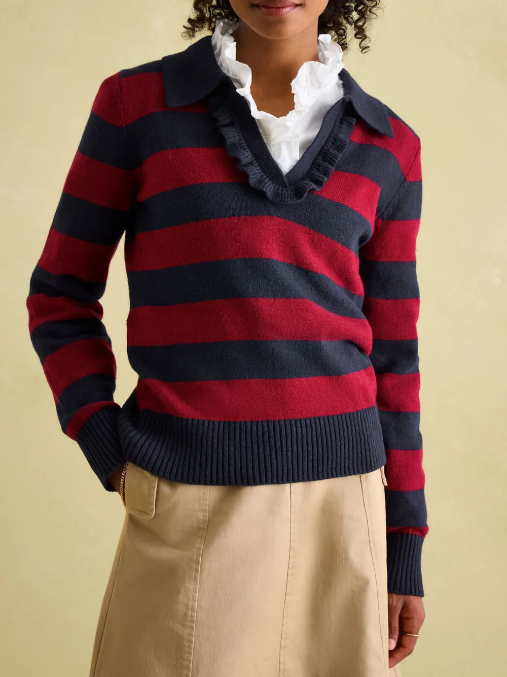 Red/Navy V Neck Stripe Jumper with Collar