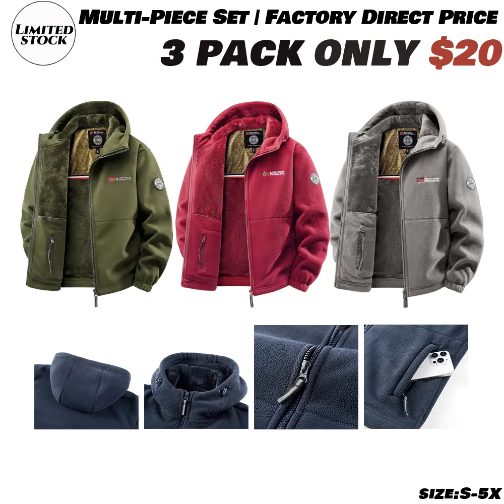 Men'S Outdoor Heavyweight Fleece Jacket - Double-Sided Warm Hooded Coat With Full Zip, Multi Pockets & Machine Washable Polyester For Camping Hiking Casual Wear