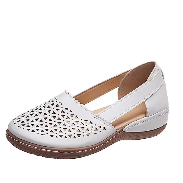 Women's Sandals Wedge Sandals Comfort Shoes Plus Size Outdoor Work Daily Summer Hollow Out Flat Heel Round Toe Classic Casual Minimalism Walking Shoes Faux Leather Loafer Solid Color Solid Colored