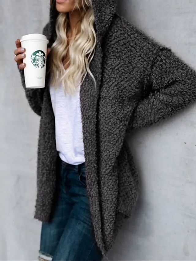 Women's Teddy Coat Fleece Jacket Winter Coat Lightweight Warm Hooded Jacket with Pockets Fall Warm Stylish Casual Street Jacket Long Sleeve White Pink Khaki