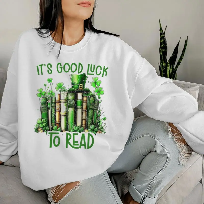 Retro Book Lucky Reading Teacher St Patrick's Day -Adults Black Small Cotton Blend Polyester Blend Short Sleeve Women Sweatshirt