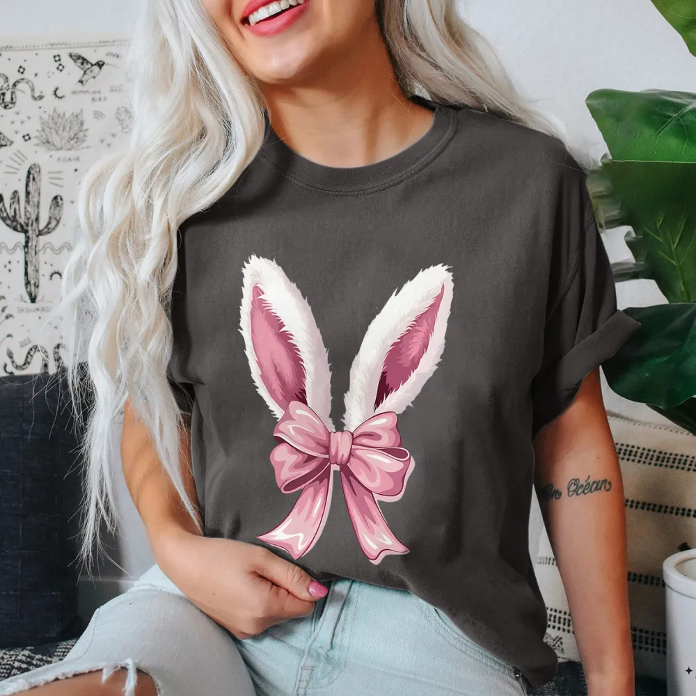 T-shirt Pink Bow Bunny Ears Women Printed Round Neck Short Sleeve