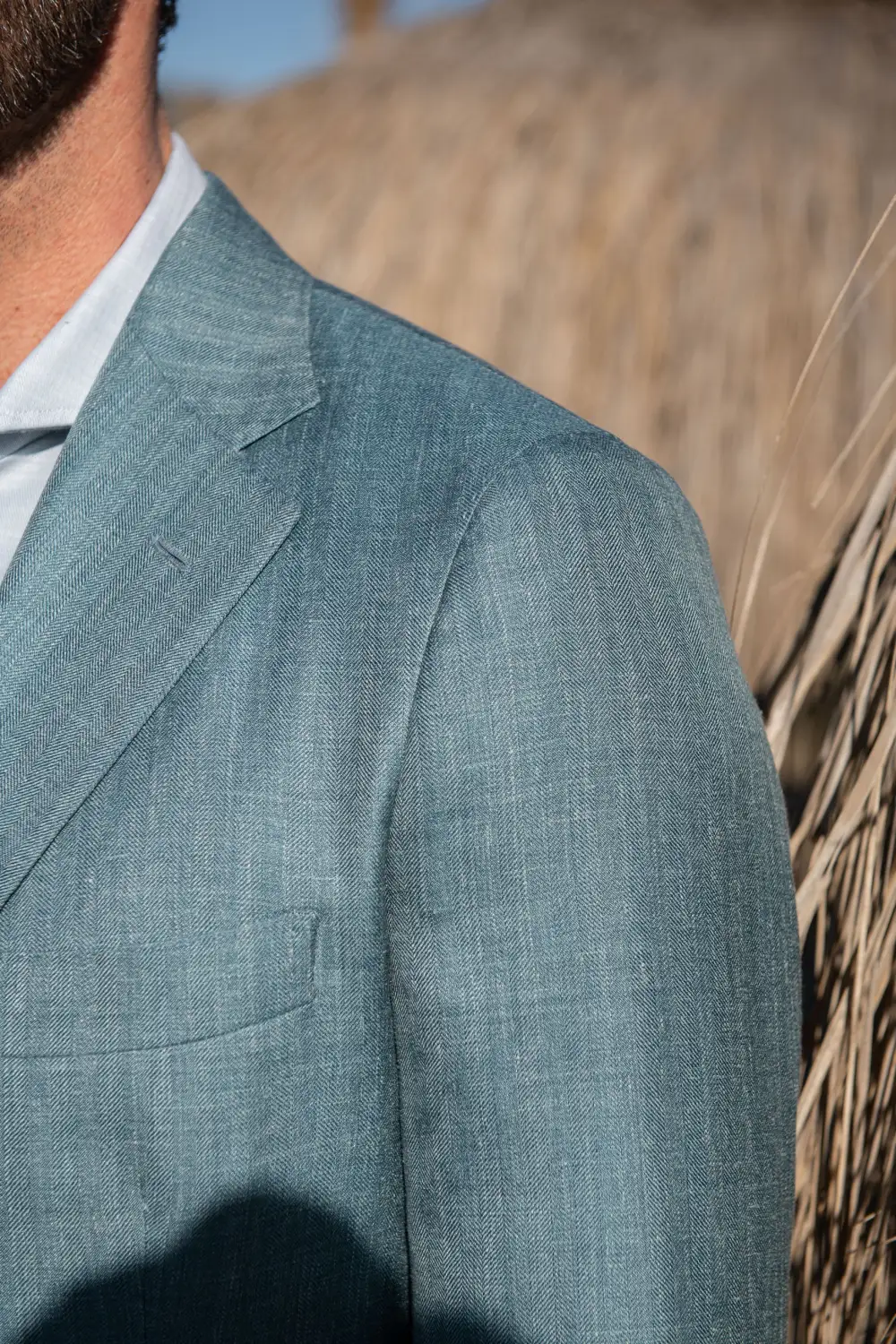Water Green Herringbone Jacket In  Wool Silk And Linen