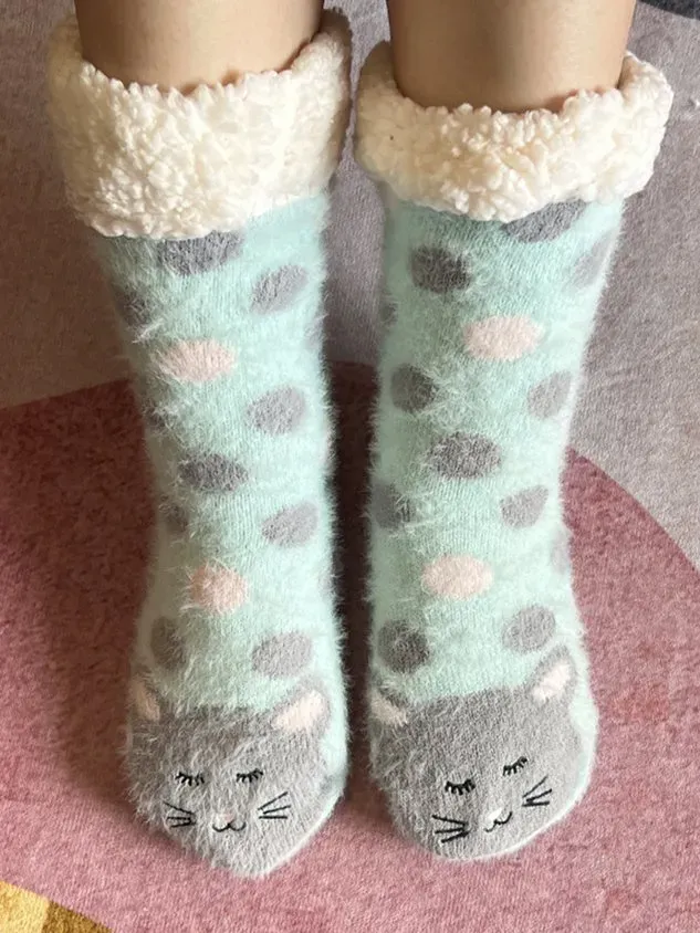 1pair Women Cartoon Cat Warmth Non-Slip Floor Socks