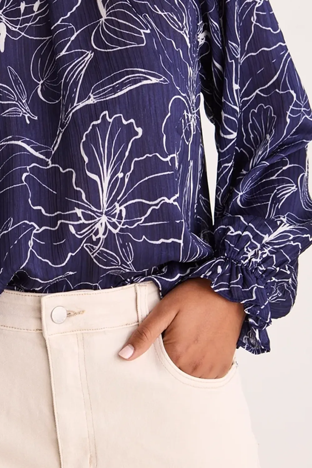 Blue Floral Print Long - Sleeve Top