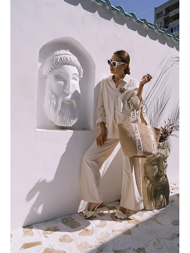 Women's Shirt Pants Sets Black Dark Navy Camel Plain Long Sleeve Casual Daily Vintage Fashion Streetwear V Neck Regular Fit Fall & Winter