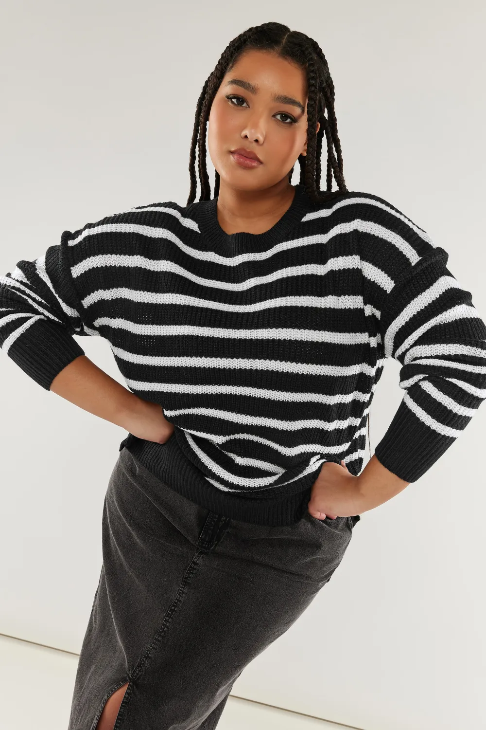 YOURS Curve Beige Brown Stripe Drop Shoulder Knitted Jumper