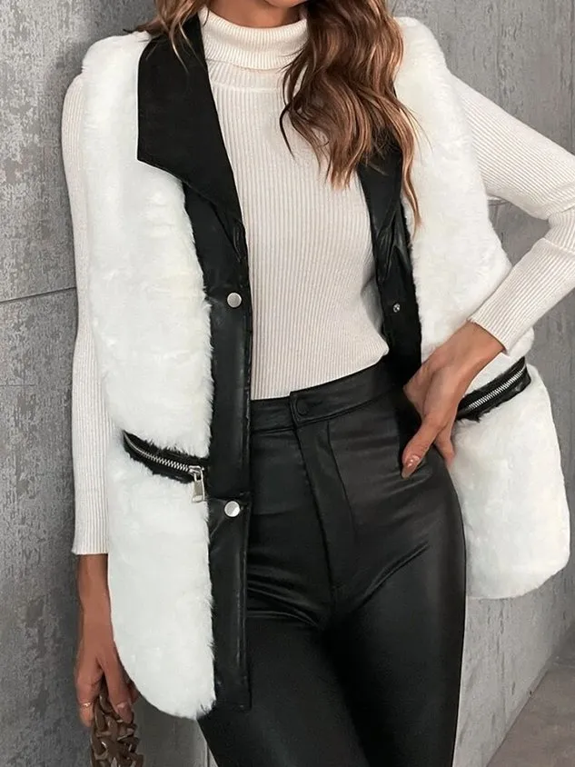 Loose Plain Casual Fluff/Granular Fleece Fabric Color Block Vest