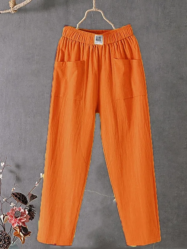 Women's Linen Pants Chinos Pants Trousers Cotton Solid Color Side Pockets Baggy Ankle-Length Micro-elastic Mid Waist Fashion Work Casual Black White M L Summer Spring &  Fall