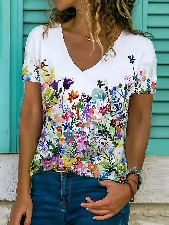 Women's T shirt Tee Black White Blue Graphic Floral Print Short Sleeve Casual Daily Basic V Neck Regular Floral Butterfly S