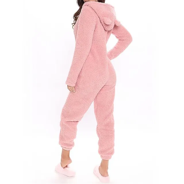 Women‘s Fleece Adult Onesies Onesie Pajamas Fluffy Fuzzy Warm Pajama Pure Color Plush Casual Comfort Home Daily Bed Sherpa Warm Hoodie Long Sleeve Fall Winter Black Pink