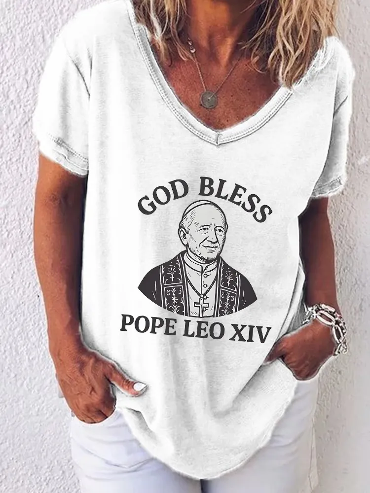 Women'S God Bless Pope Leo Xiv Round-Neck Short-Sleeved T-Shirt