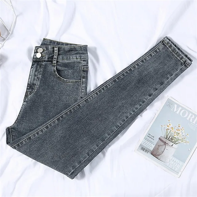 Women's Jeans Straight Denim Plain Basic Classic Retro Standard Spring &  Fall Blue gray Black Blue Grey