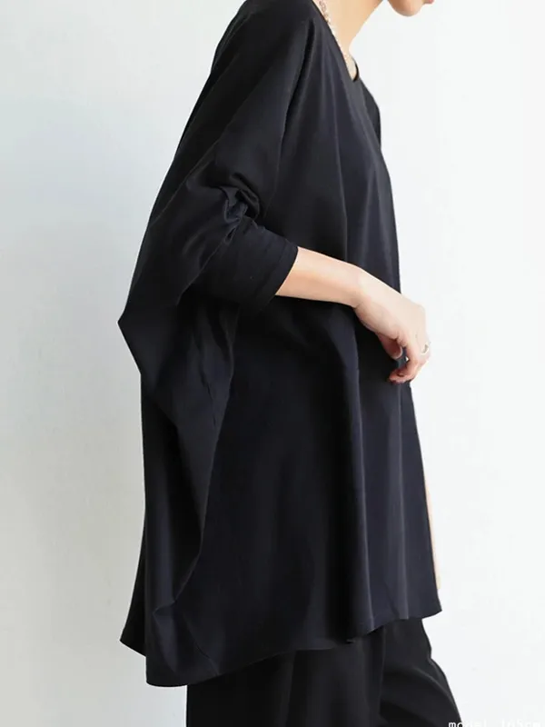 Simple Oversize Solid Color V-Neck Batwing Sleeve T-Shirts