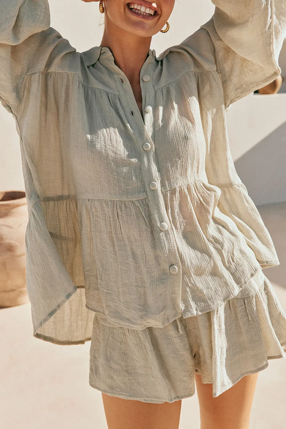 Loose Fit Ruffled Button Up Shirt