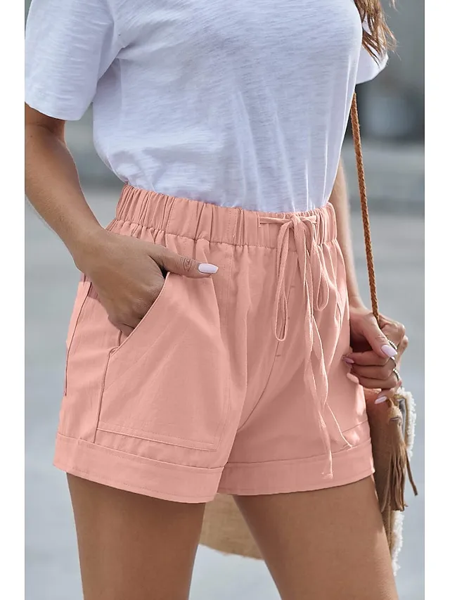 Women's Basic Essential Casual Shorts Wide Leg Baggy Pocket Short Daily Holiday Micro-elastic Simple Cotton Blend Lightweight Outdoor Mid Waist Light Blue Wine Red Pink ArmyGreen Orange & Red