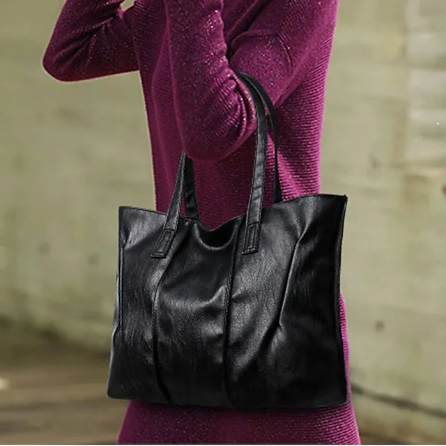Women's Tote Shoulder Bag Top Handle Bag Shopper Bag PU Leather Shopping Daily Large Capacity Solid Color Black Red Wine Grey
