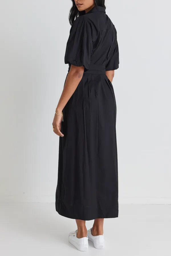 Black Puff Sleeve Collared Midi Dress