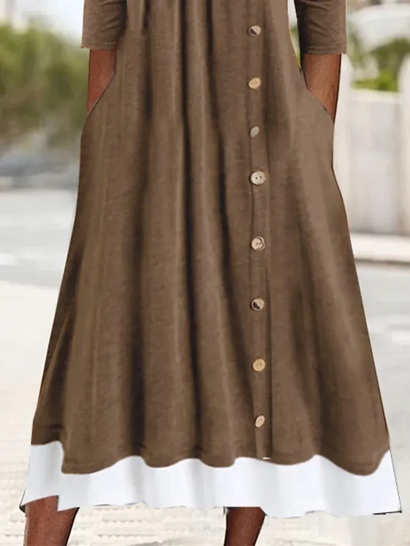 Women's Long Sleeve U-neck Button Midi Dress