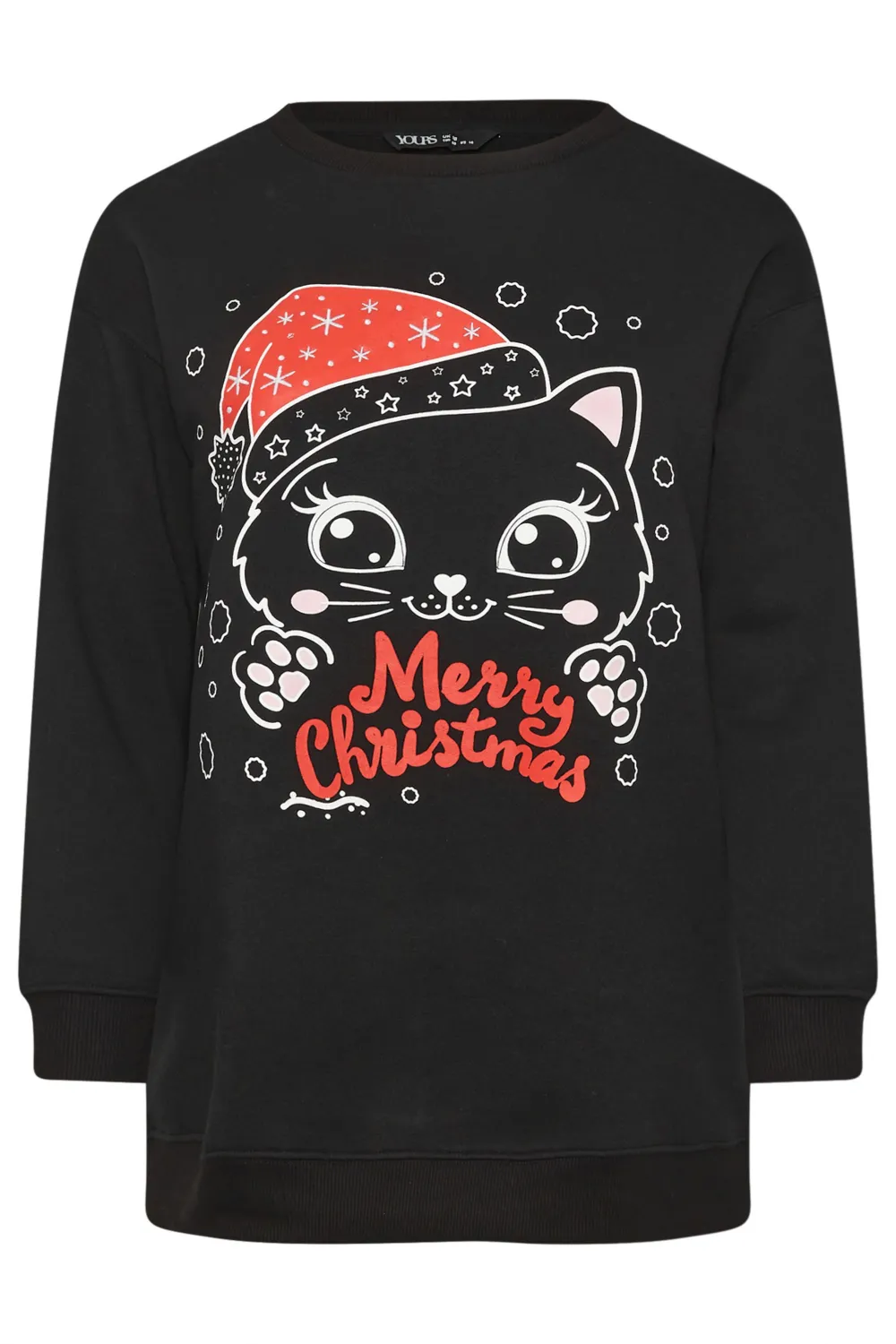 YOURS Curve Black 'Merry Christmas' Cat Graphic Sweatshirt
