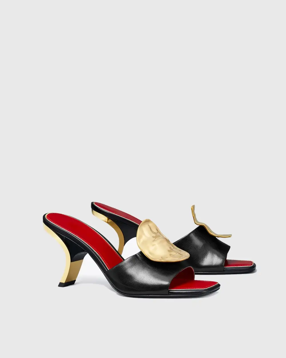 Metal Coin Asymmetrical Slippers in Black