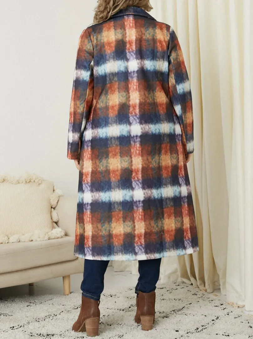 Plus Size Casual Plaid Print Loose Pocket Windbreaker Jacket