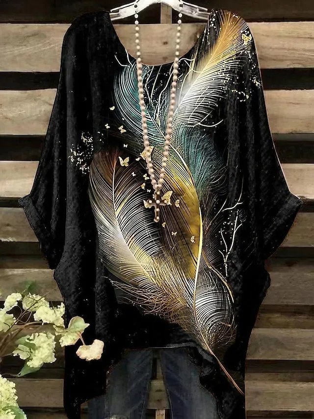 Women's Plus Size Shirt Blouse Black Wine Dark Blue Feathers Print 3/4 Length Sleeve Daily Weekend Vintage Holiday Casual Crew Neck Oversized Dolman Sleeve Summer Spring Fall