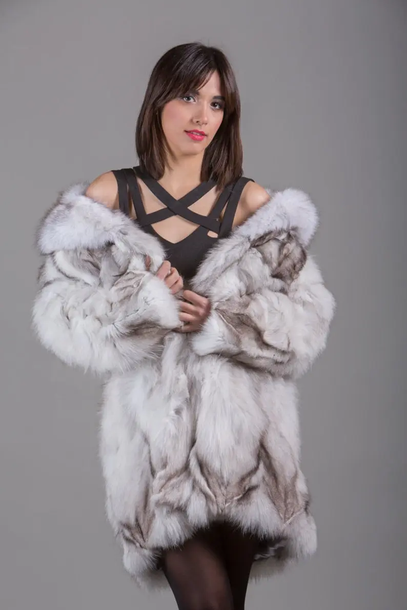 Blue Fox Fur Coat Fox Collar Knee Length Women’s