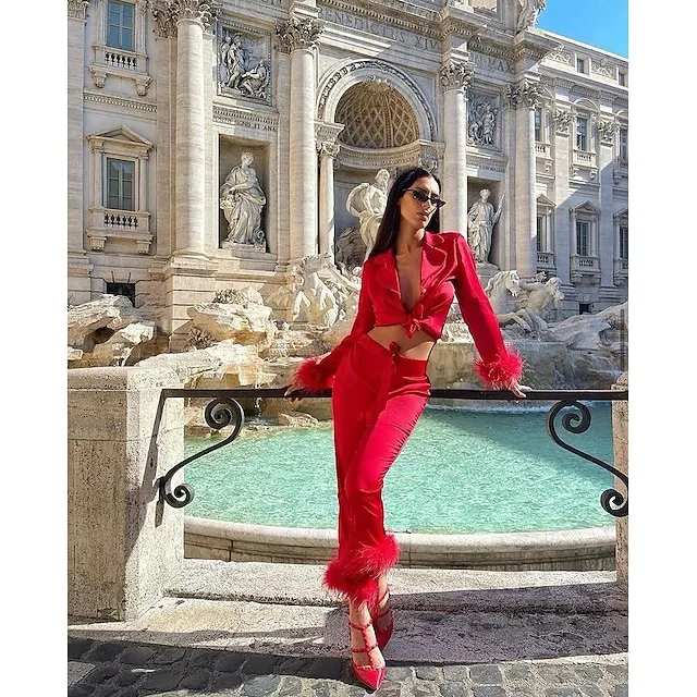 Women's Gift Loungewear Pajamas Sets Home Party Valentine's Day Feather Pure Color Silk Simple Soft Shirt Pant Fall Spring Summer Lapel Long Sleeve Long Pant Buckle Pocket