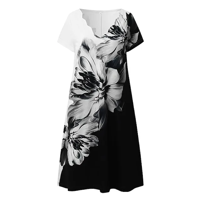 Women's Casual Dress Shift Dress Floral Dress Mini Dress Black And White Black White Short Sleeve Floral Print Summer Spring Scalloped Neck Fashion Vacation 2023 S M L XL XXL 3XL