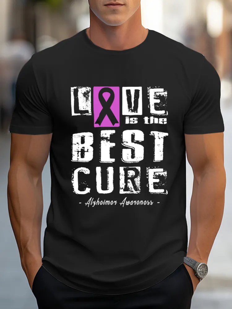 Love is the best cure Alzheimer's Disease Awareness Men's Print V-Neck T-Shirt