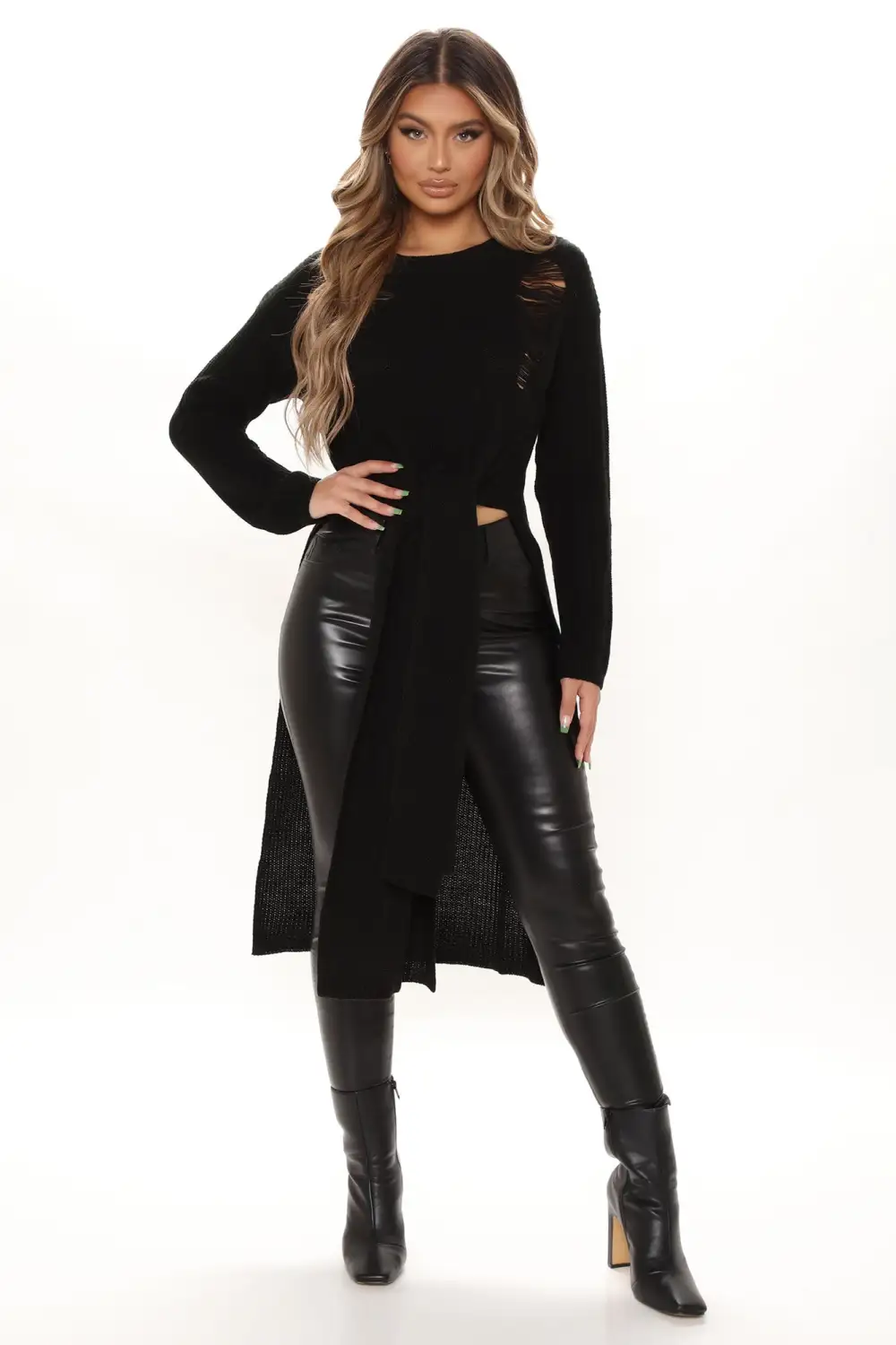 Kara Tie Front Sweater - Black