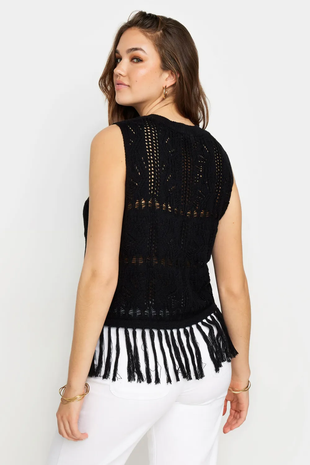 LTS Tall Black Crochet Tassel Vest Top