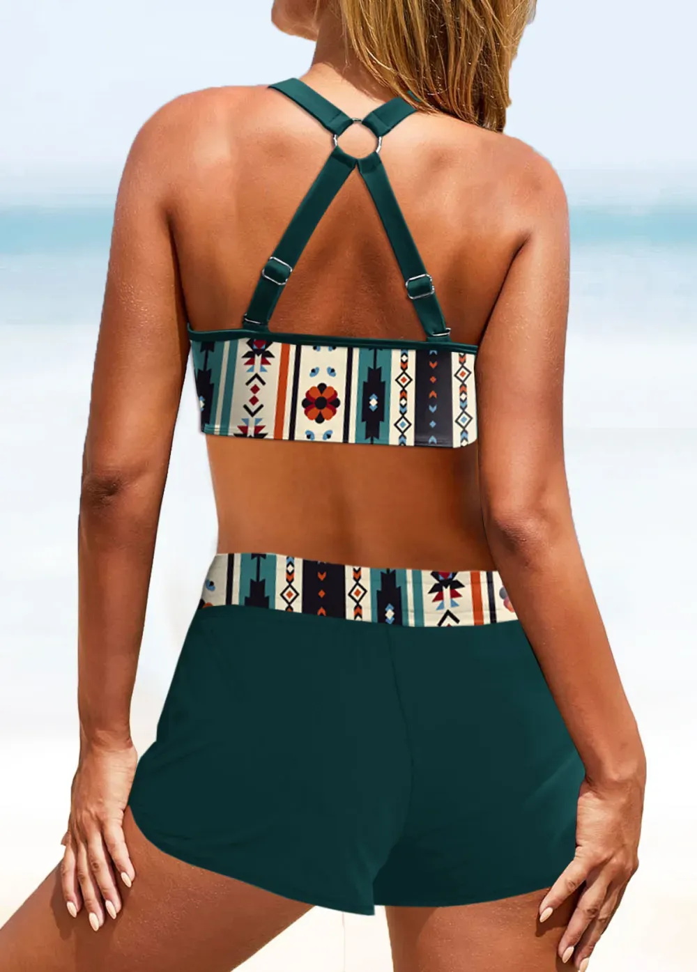 Metal Ring Geometric Print Sage Green Bikini Top