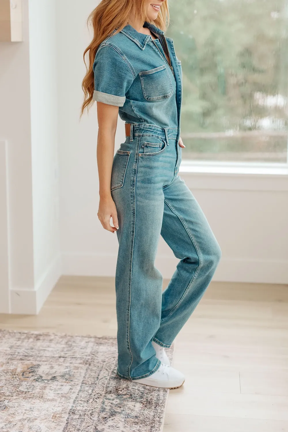 Blue Classic Minimalist Zipper Slim-Fit Jumpsuit
