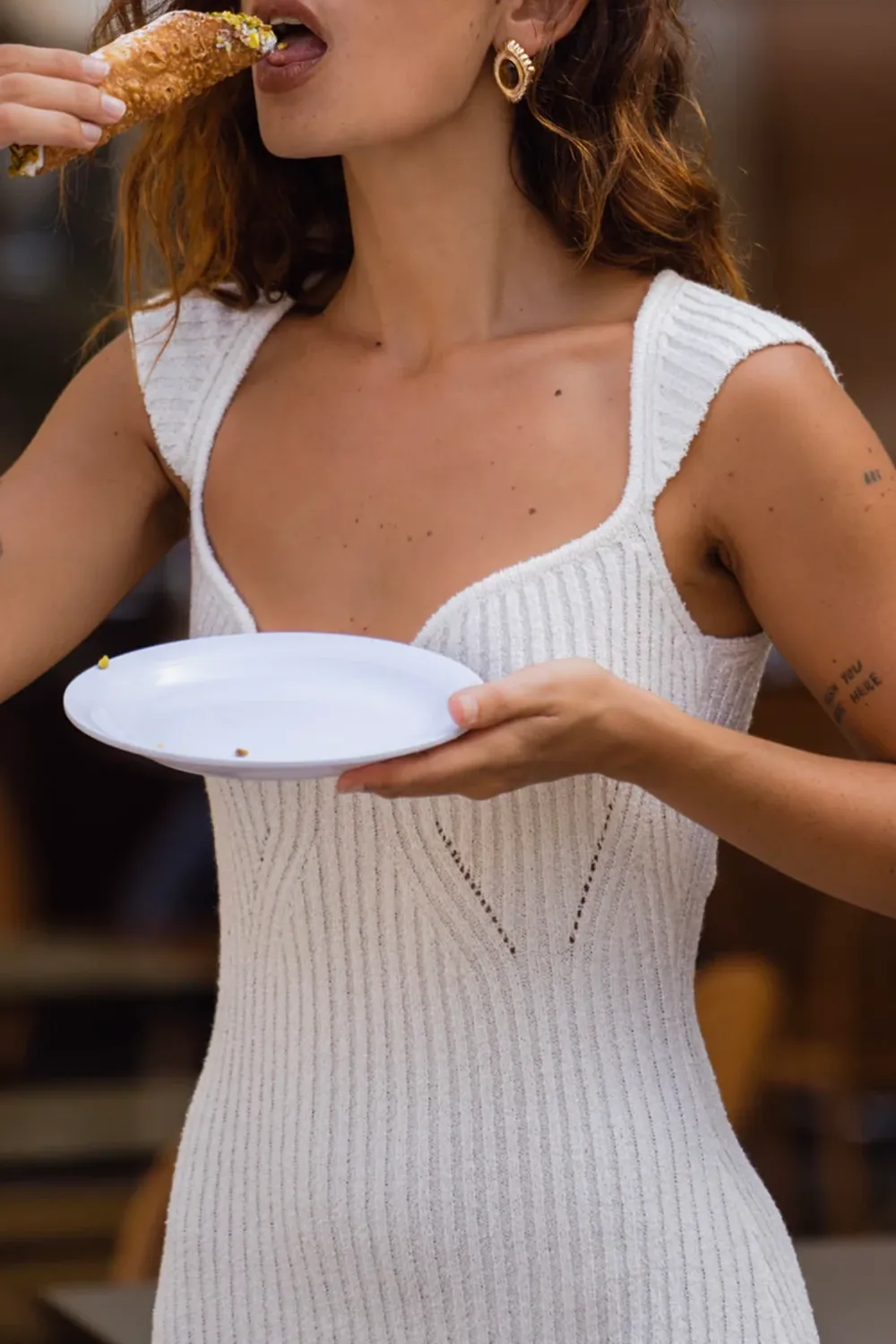 Cream Cap Sleeve Knit Midi Dress