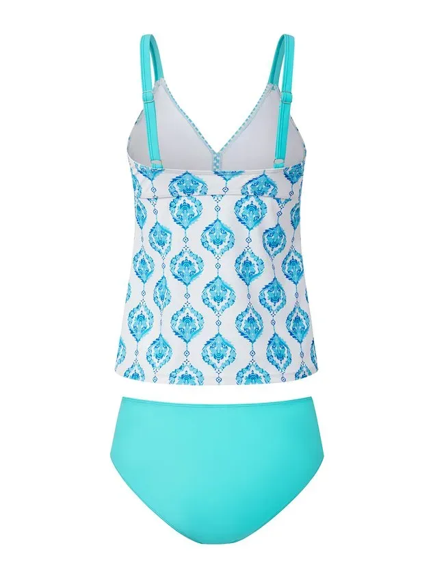 Vacation Ethnic Printing V Neck Tankinis Two-Piece Set