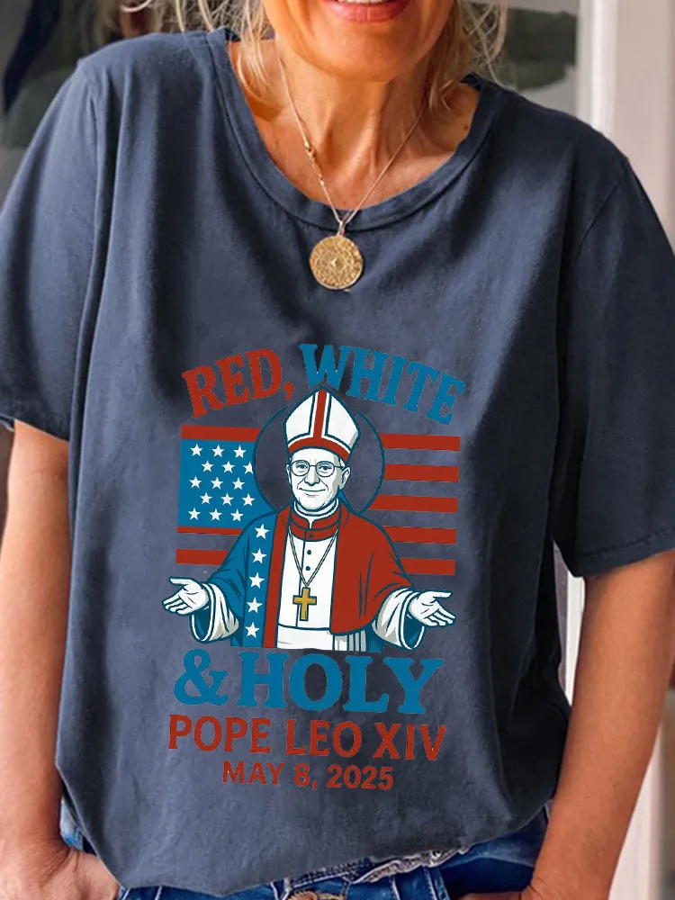 Women'S Red White And Holy Pope Leo Xiv 8th May 2025 Round-Neck Short-Sleeved T-Shirt