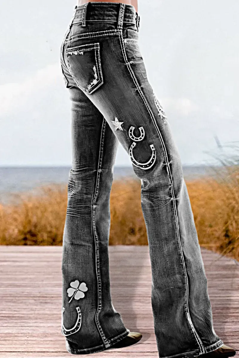 Star & Moon Pattern Button Front Mid Rise Bootcut Jeans