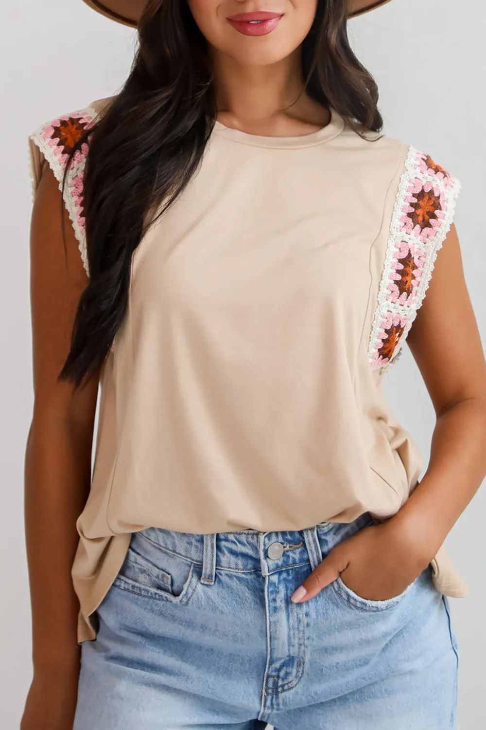 Adored Cutie Mocha Crochet Sleeve Top