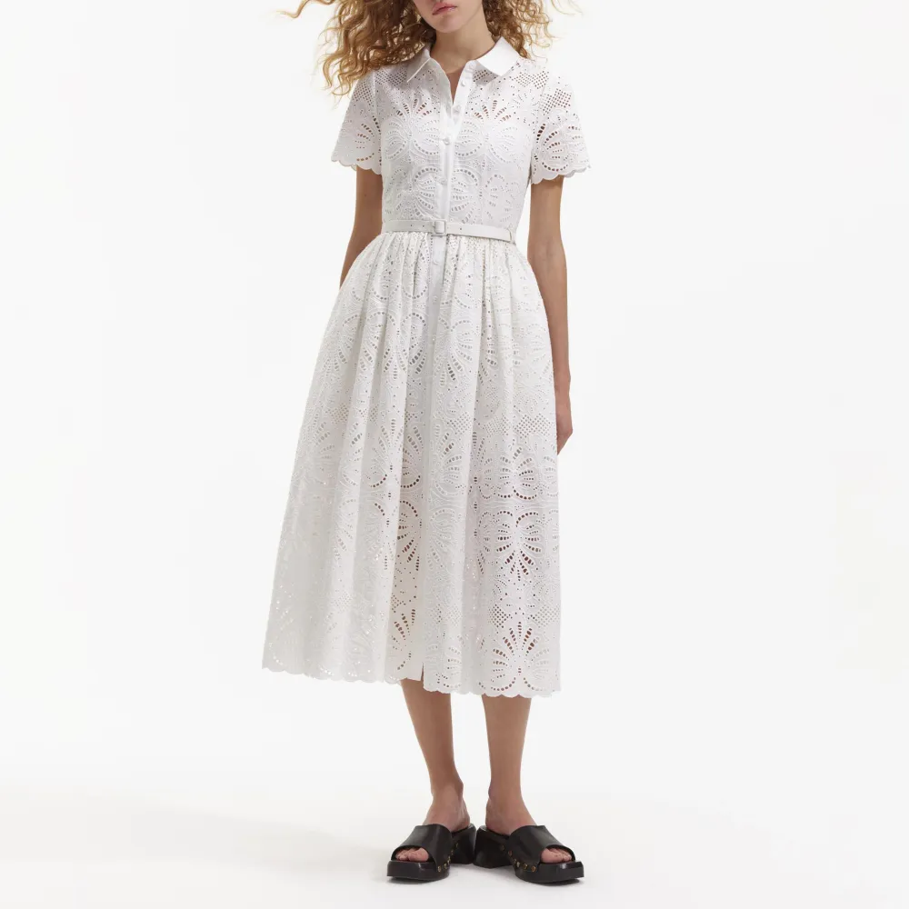 White Cotton Embroidery Midi Dress