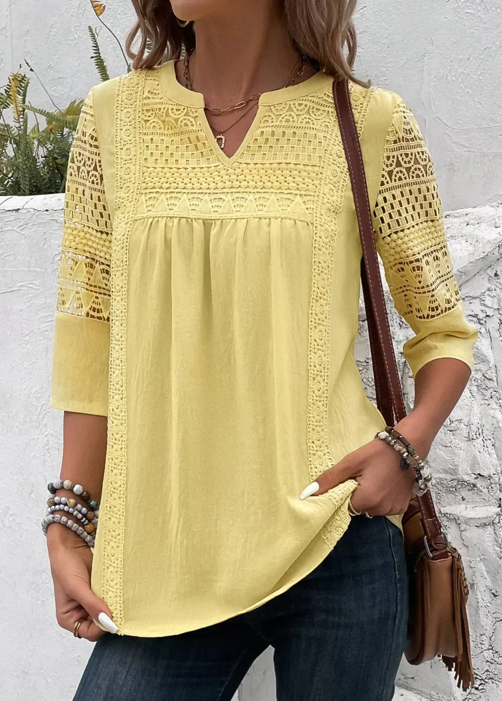Light Yellow Patchwork 3/4 Sleeve Split Neck Blouse