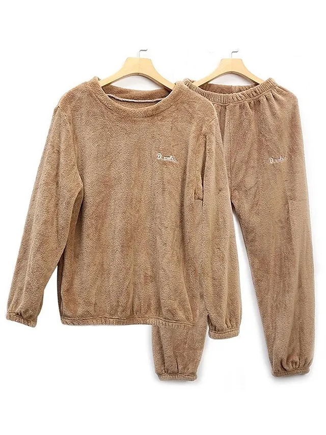 Women's Fleece Warm Loungewear Sets Fluffy Fuzzy Warm Pajama Letter Comfort Home Daily Bed Coral Fleece Coral Velvet Warm Crew Neck Long Sleeve Hoodie Pant Embroidery Fall Winter Pink Red