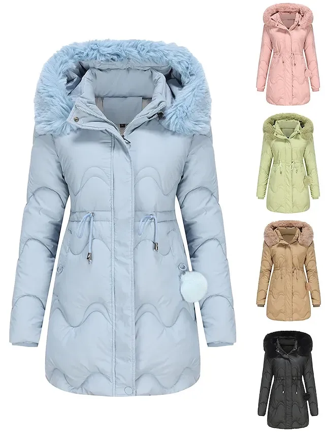 Women's Parka Puffer Jacket Winter Coat Zip up Hooded Coat with Fur Collar Drawstring Thermal Warm Heated Coat Removable Hood Fall Outerwear with Pockets Warm Classic Long Sleeve Light Blue Pink Black