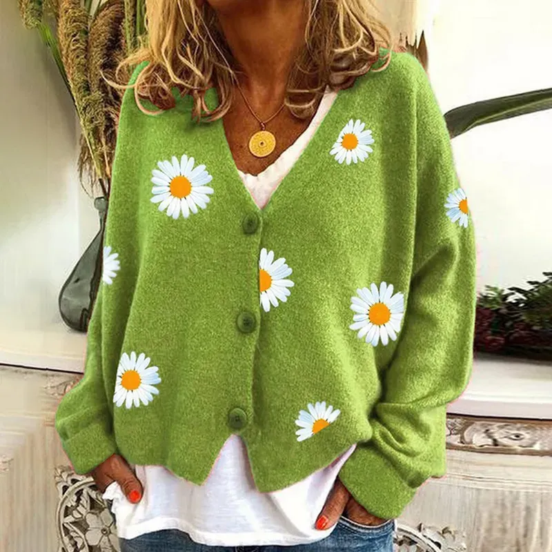Vintage Single-Breasted Daisy Jacquard Sweater Cardigan